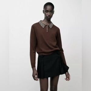 ZARA Brown Knit Polo Wool Blend Embellished Sweater Top Size Large